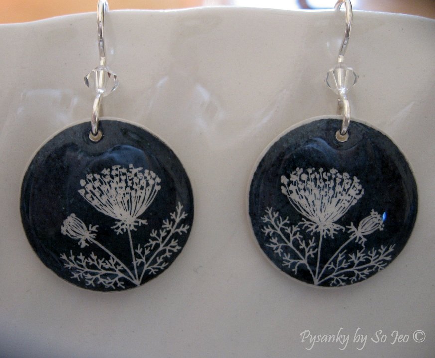 Blue & White Queen Anne's Lace Earrings Pysanky By So Jeo